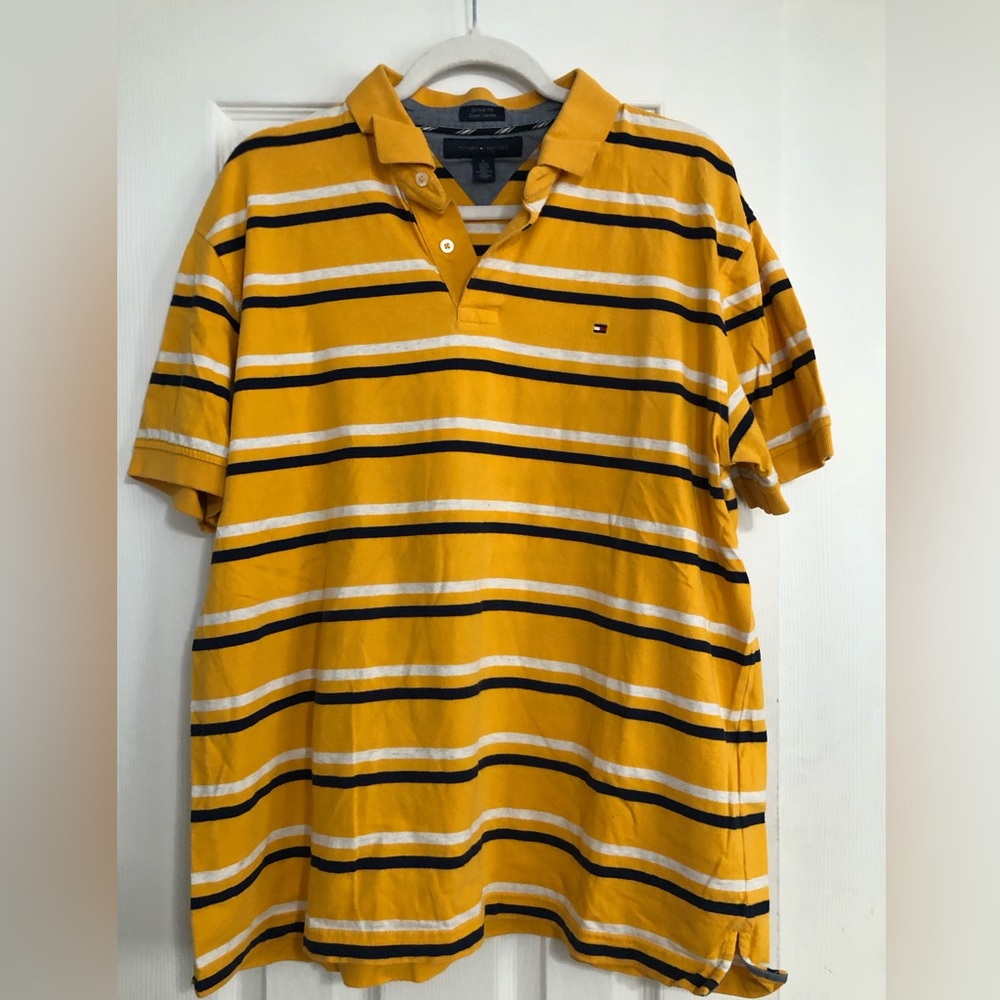 Tommy Hilfiger y2k short sleeve striped‎ polo yellow & blue Logo men’s XL